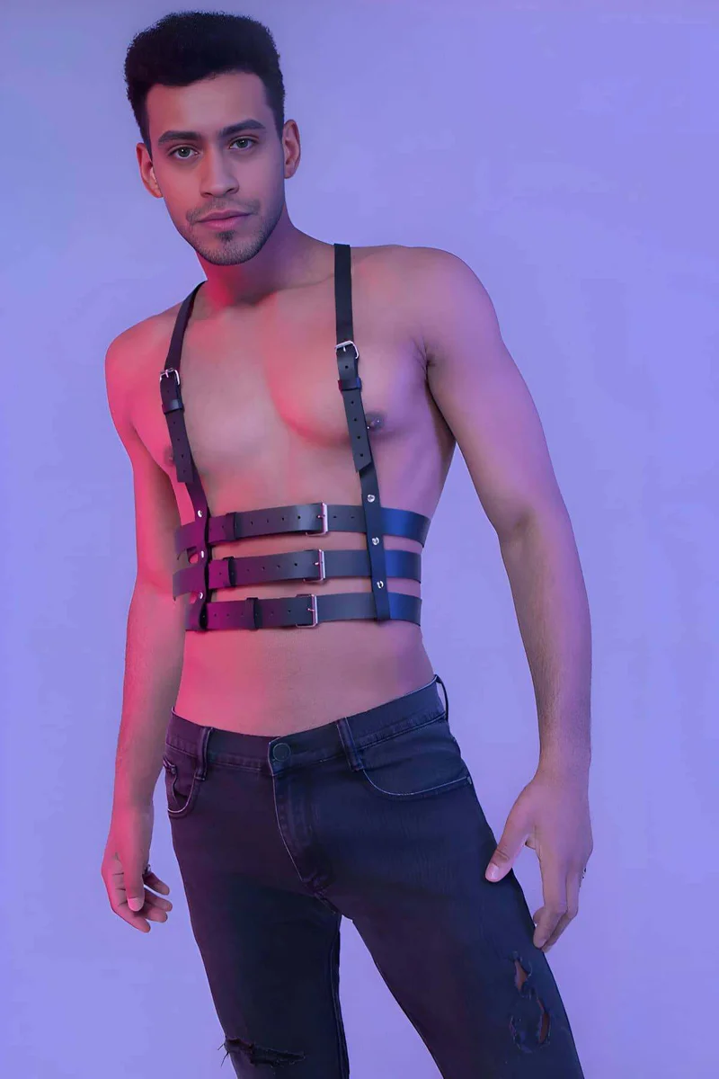 Black faux leather body harness front view adjustable buckles
