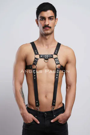 Black Faux Leather Chest Harness Men Adjustable Suspender Style Straps