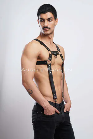 Black Faux Leather Chest Harness Men Adjustable Suspender Style Straps