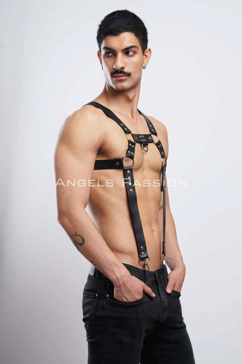 Black chest harness O-ring detail metal hardware close-up on front straps