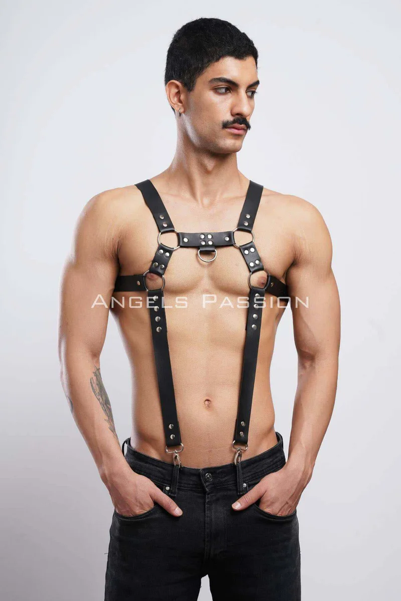 Side profile of the adjustable straps on the black faux leather harness
