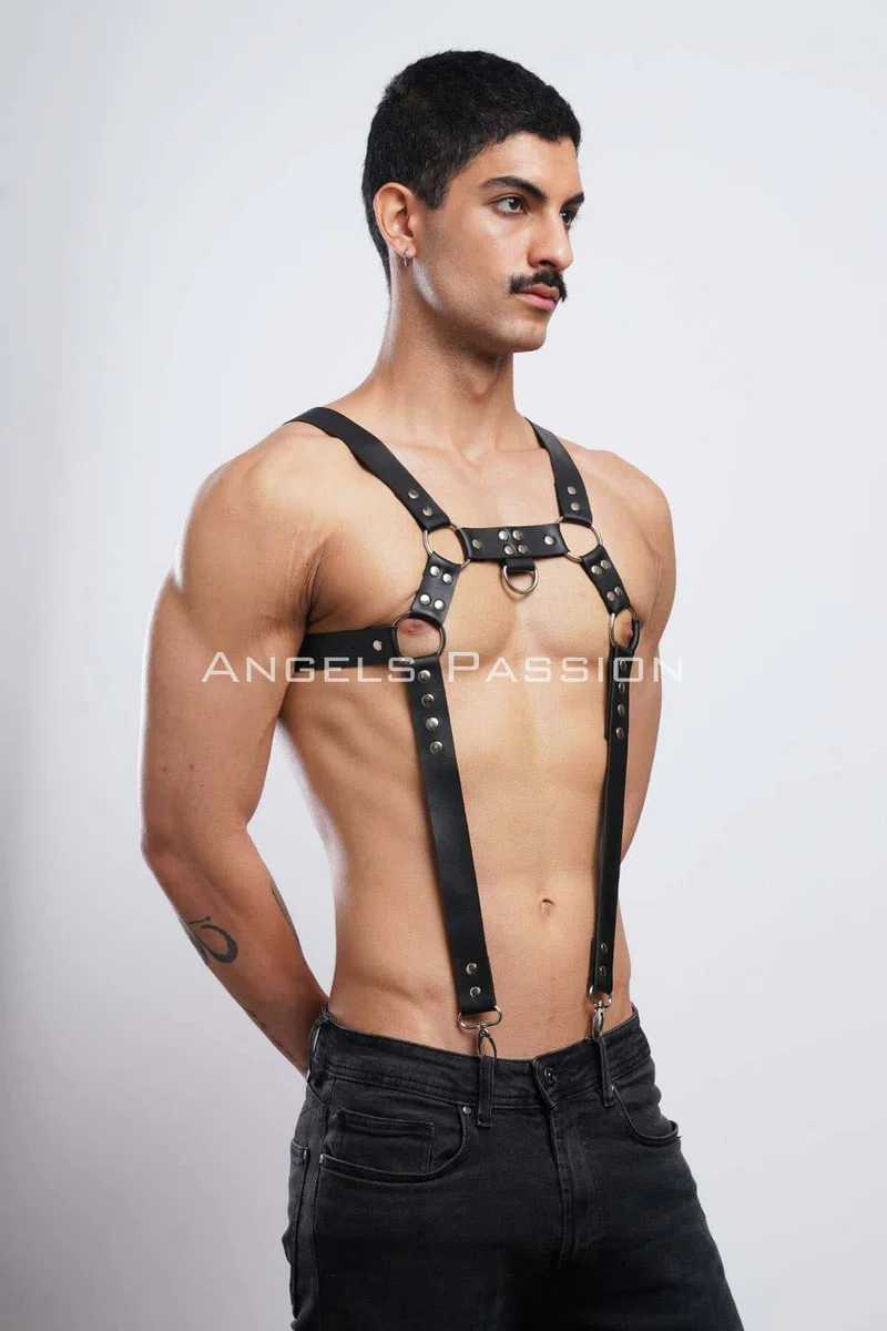 Black chest harness O-ring detail mens festival accessory with suspender straps