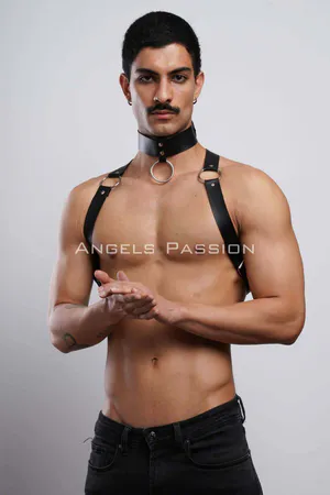 Black Faux Leather Chest Harness Choker Set with Silver O-Ring on Male Model