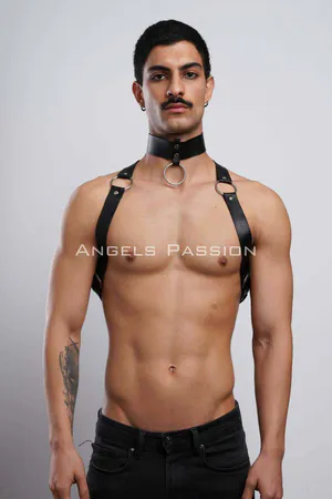 Black Faux Leather Chest Harness Choker Set with Silver O-Ring on Male Model