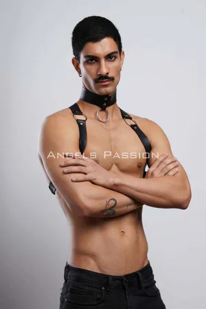 Black Faux Leather Chest Harness Choker Set with Silver O-Ring on Male Model