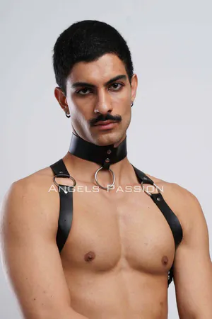 Black Faux Leather Chest Harness Choker Set with Silver O-Ring on Male Model