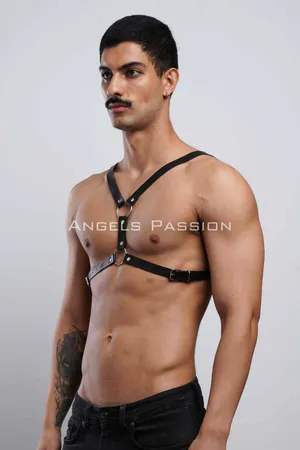 Mens Black Faux Leather O-Ring Chest Harness Adjustable