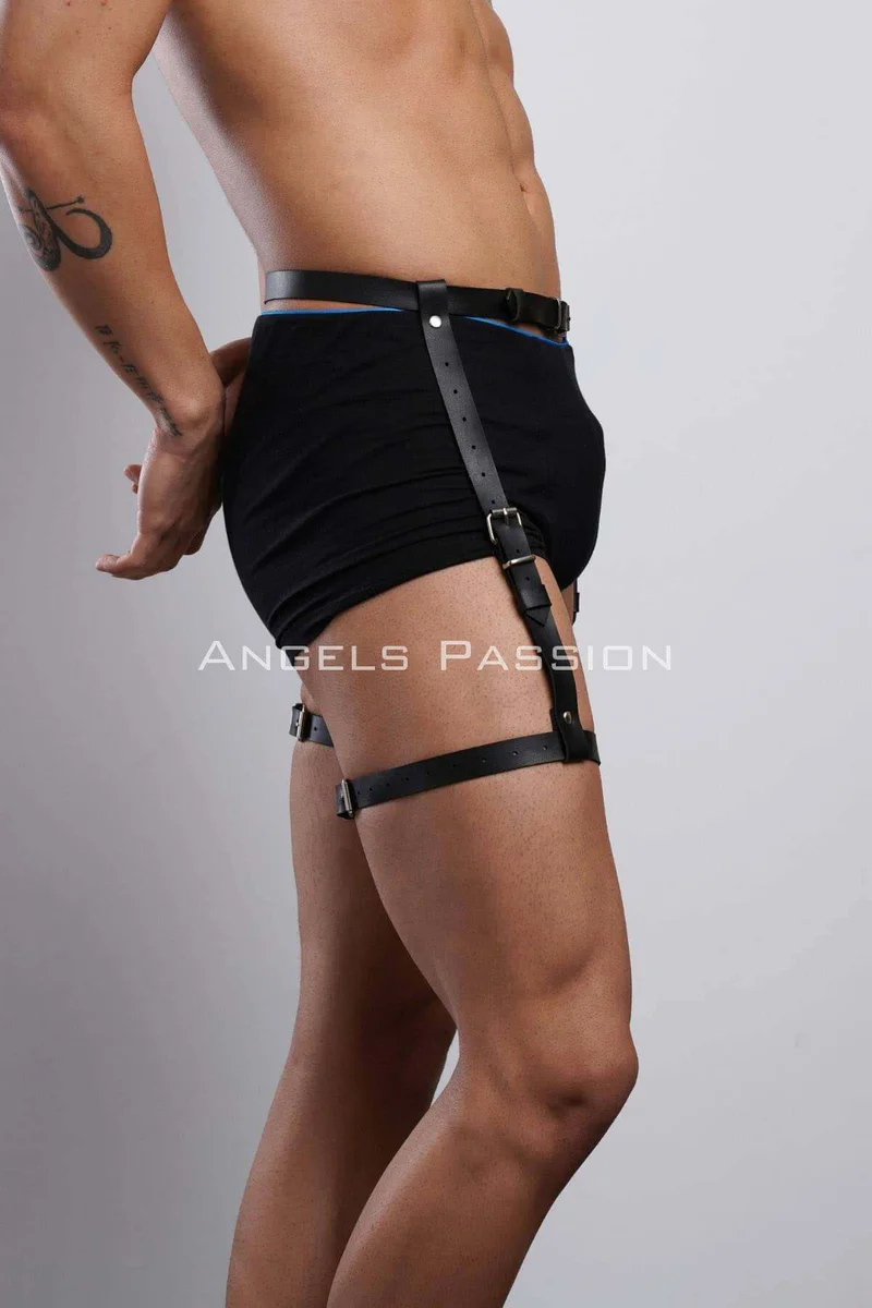 Black faux leather leg harness front view with adjustable waist strap