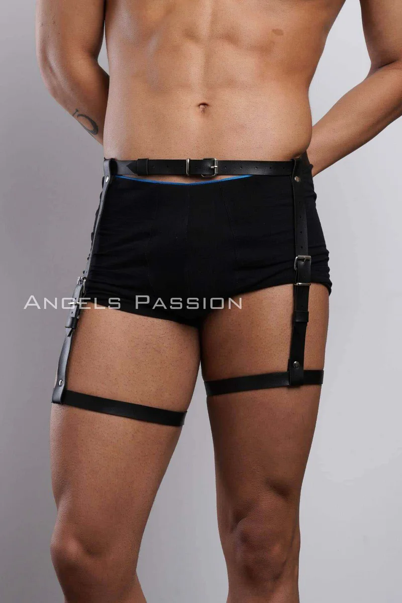 Black faux leather leg harness with adjustable straps worn on model