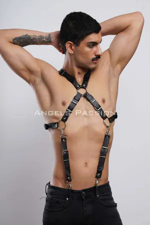 Black Faux Leather X-Back Body Harness Men Adjustable Straps D-Ring Hardware