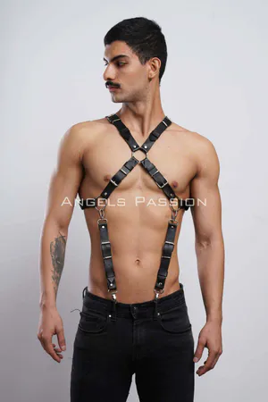 Black Faux Leather X-Back Body Harness Men Adjustable Straps D-Ring Hardware