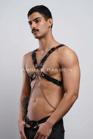 Zincir Detaylı Deri Erkek Göğüs Harness, Partywear, Clubwear - APFTM95