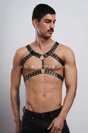 Black Faux Leather Studded Chest Harness with Silver O-Rings