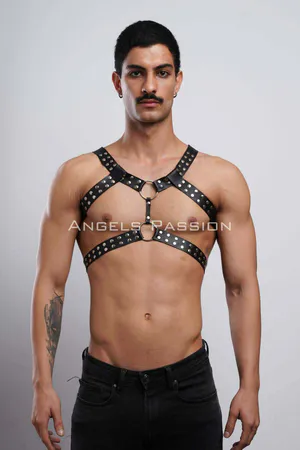 Black Faux Leather Studded Chest Harness with Silver O-Rings