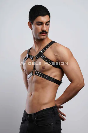 Black Faux Leather Studded Chest Harness with Silver O-Rings