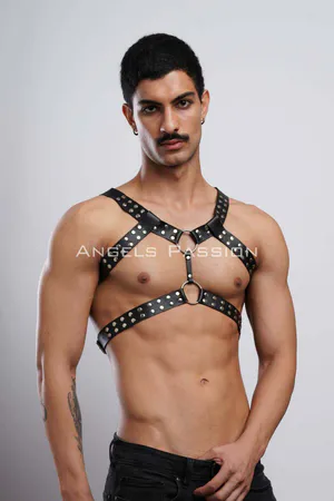 Black Faux Leather Studded Chest Harness with Silver O-Rings
