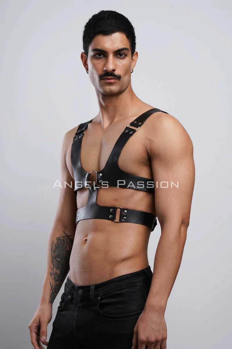 Back view of black faux leather chest harness with adjustable shoulder straps