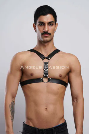 Black Faux Leather Chest Harness Triple O-Rings Front View