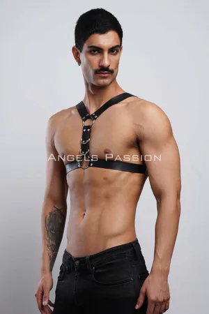 Black Faux Leather Chest Harness Triple O-Rings Front View