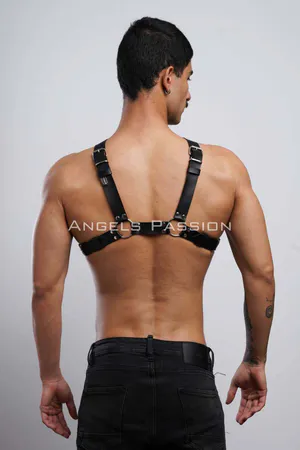 Black Faux Leather Chest Harness Triple O-Rings Front View
