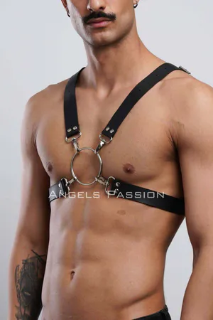Black faux leather chest harness with silver O-ring and X-back straps