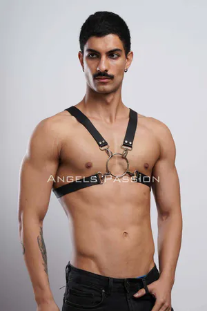 Black faux leather chest harness with silver O-ring and X-back straps