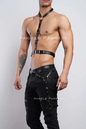 Black Faux Leather Full Body Harness with Thigh Garters adjustable straps