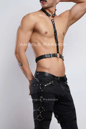 Black Faux Leather Full Body Harness with Thigh Garters adjustable straps