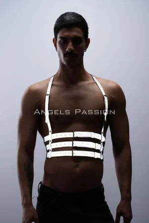 Grey Reflective Chest Harness with Multi-Strap Design on a bare-chested model
