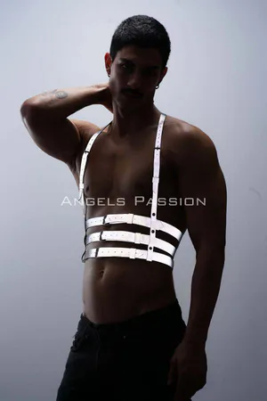 Grey Reflective Chest Harness with Multi-Strap Design on a bare-chested model