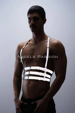 Grey Reflective Chest Harness with Multi-Strap Design on a bare-chested model
