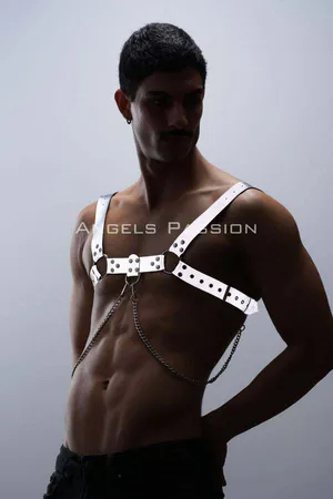 Reflektörlü (Karanlıkta Parlayan) Zincir Detaylı Şık Erkek Göğüs Harness, Reflektörlü Clubwear - APFTM109