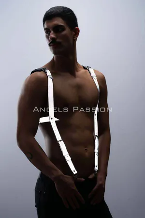 Karanlıkta Parlayan - Reflektörlü Pantolon Askısı, Erkek Göğüs Harness - Reflektörlü Clubwear - APFTM135