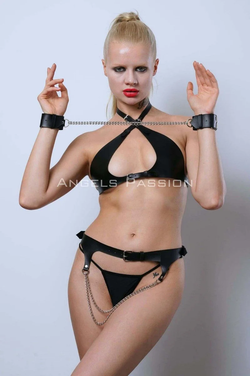 Black Faux Leather Harness Lingerie