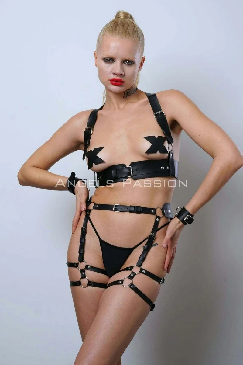 Leather festival outfit black full body harness