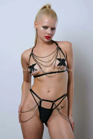 Black Faux Leather Chain Body Harness Set with Garter Straps