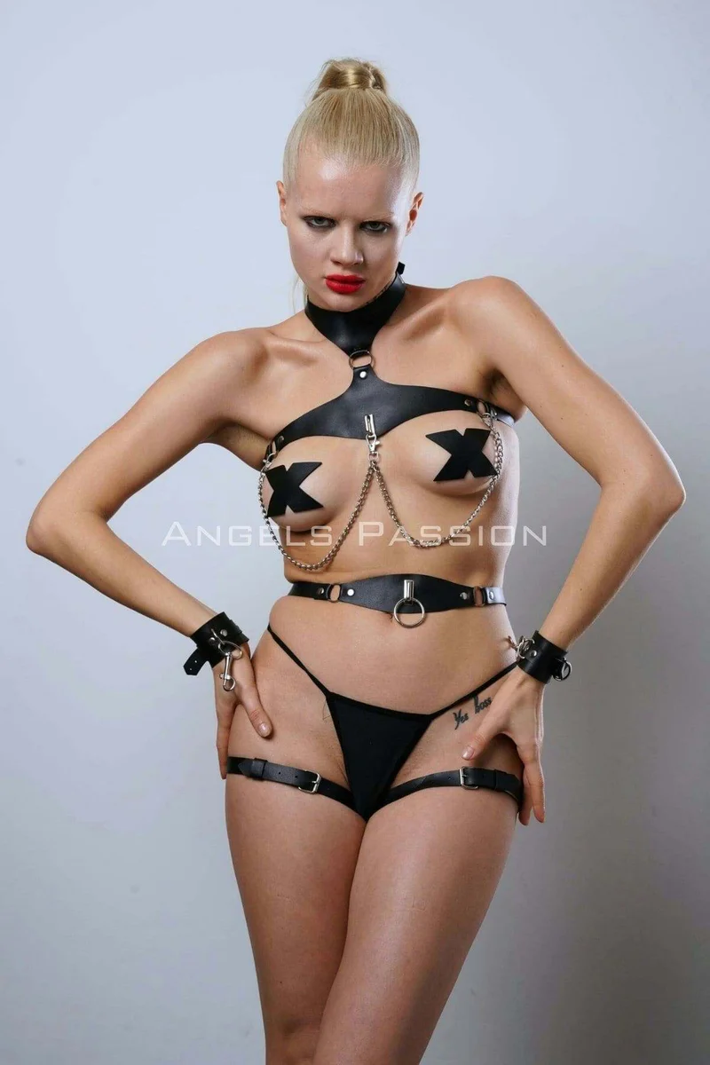 Black vegan leather full body harness set with