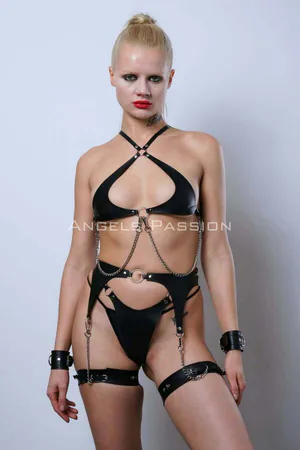 Black Faux Leather Halter Harness Set with Chains, Garter, and Thigh Straps