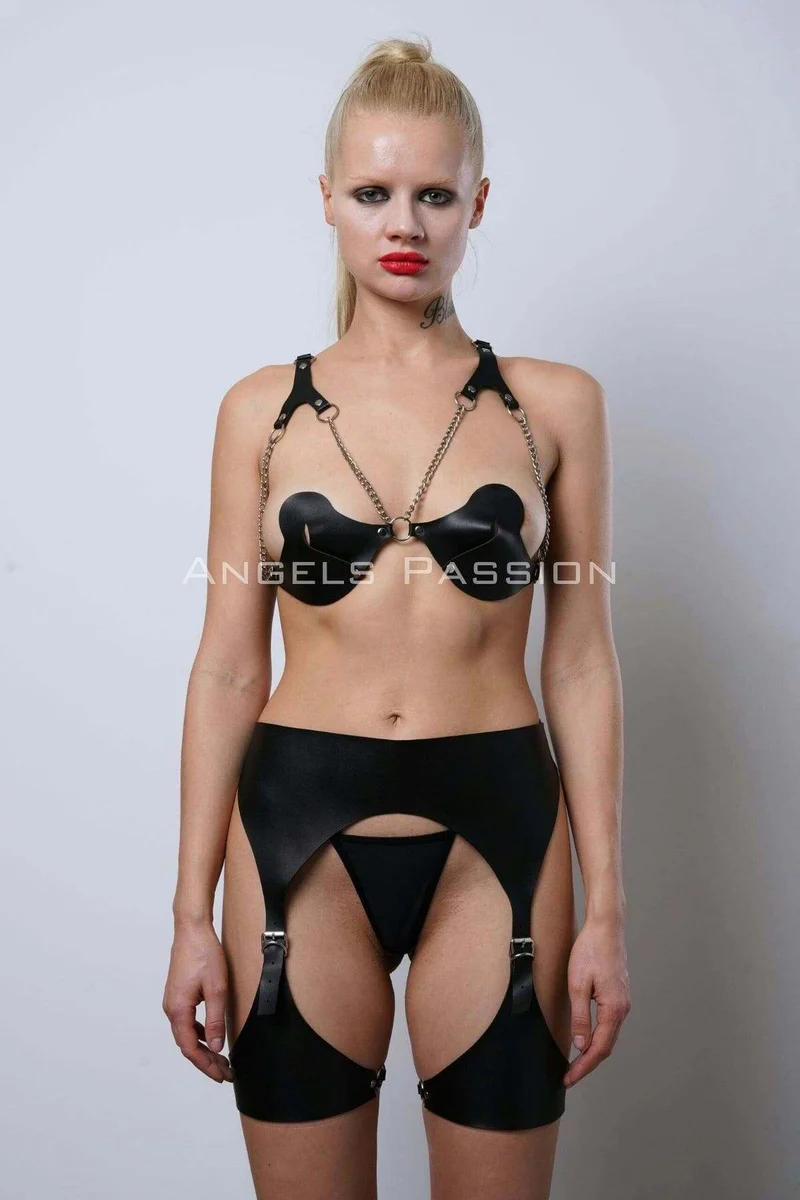 Black Harness Bra with Silver Chain and O