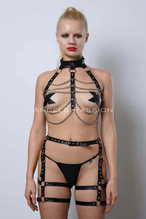 Black Faux Leather Full Body Harness with Silver Chest Chains and Garters