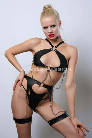 Black Faux Leather Harness Set with Chain Details and Halter Bra
