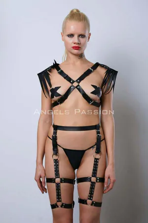 Black Faux Leather Full Body Harness with Fringe Shoulders and Garter Straps