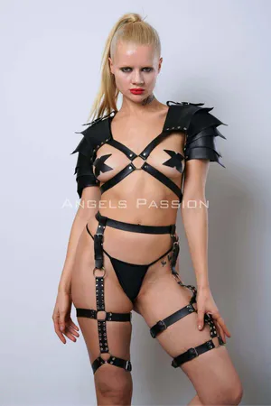 Black Faux Leather Gladiator Harness Set with Studded Shoulder Pads