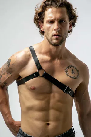 Black Faux Leather One-Shoulder Chest Harness with Silver O-Ring