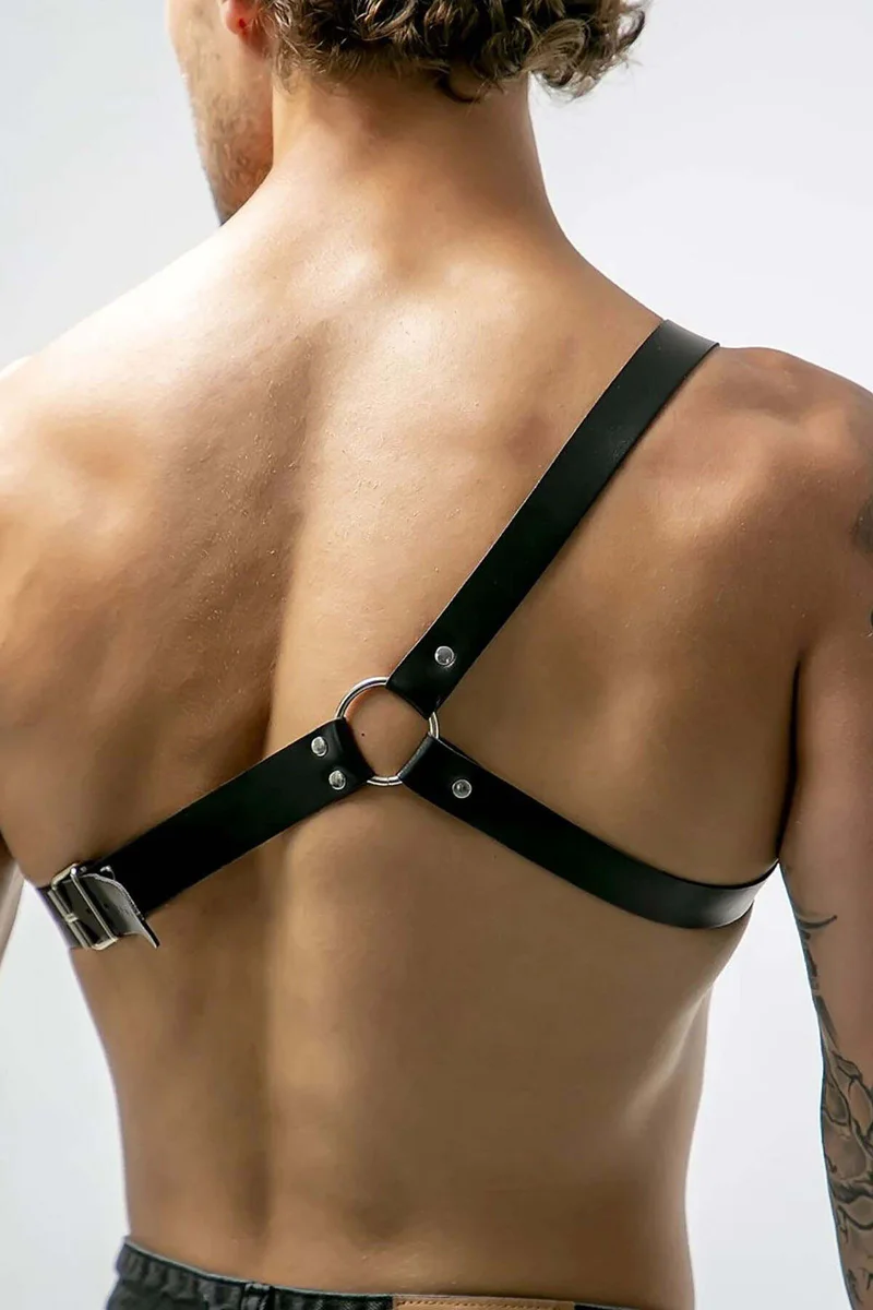 Black Faux Leather Chest Harness Detail silver buckle and ring hardware