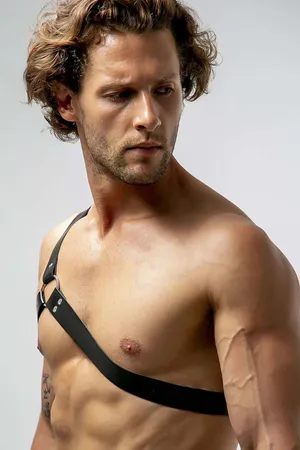 Black Faux Leather One-Shoulder Chest Harness with Silver O-Ring