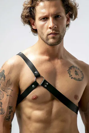 Black Faux Leather One-Shoulder Chest Harness with Silver O-Ring