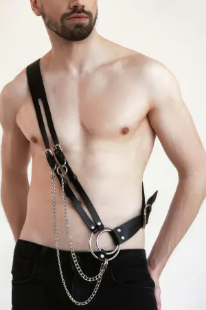 Black Single Shoulder Harness with Silver O-Rings and Draping Chains, worn by a man
