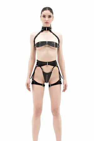 Black Faux Leather Full Body Harness Set with Thong and Open Cup Bra
