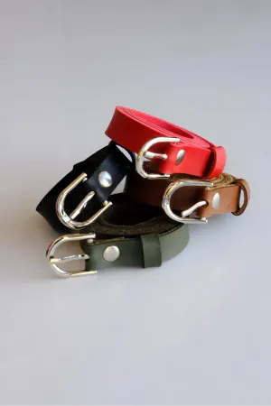 Narrow Faux Leather Belt Set Black Brown Red Olive Pin Buckles